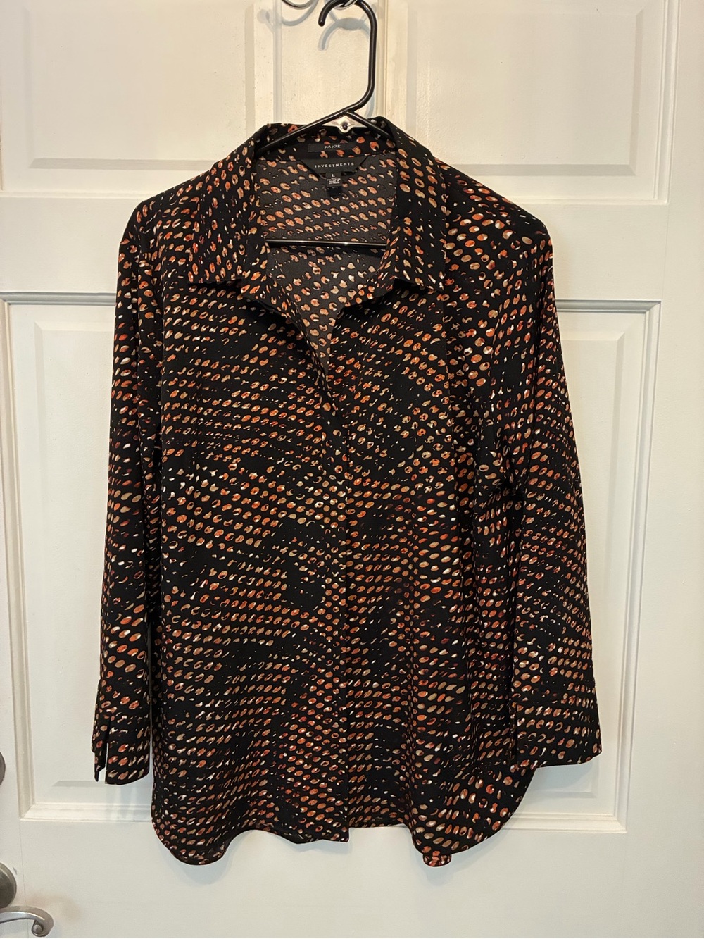 PAIGE Black Blouse with Rust and Tan Dot Motif